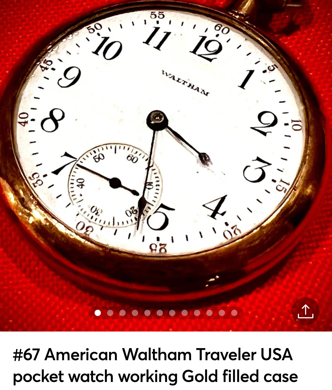 #67 American Waltham Traveler USA pocket watch working Gold filled case and gold plated movement