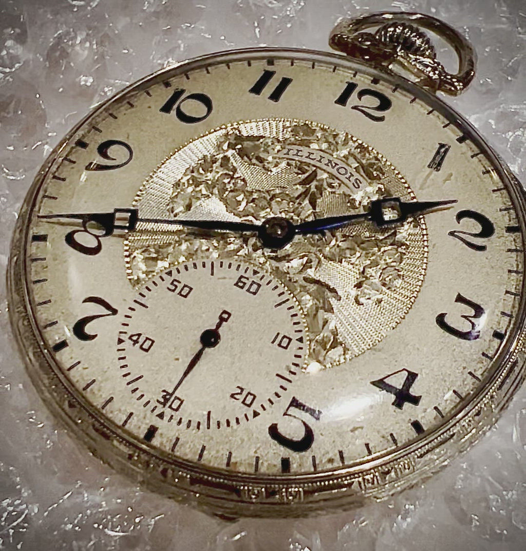 #378 VINTAGE ILLINOIS 14K GOLD FILLED FANCY DIAL   SIZE 12 POCKET WATCH 1900S