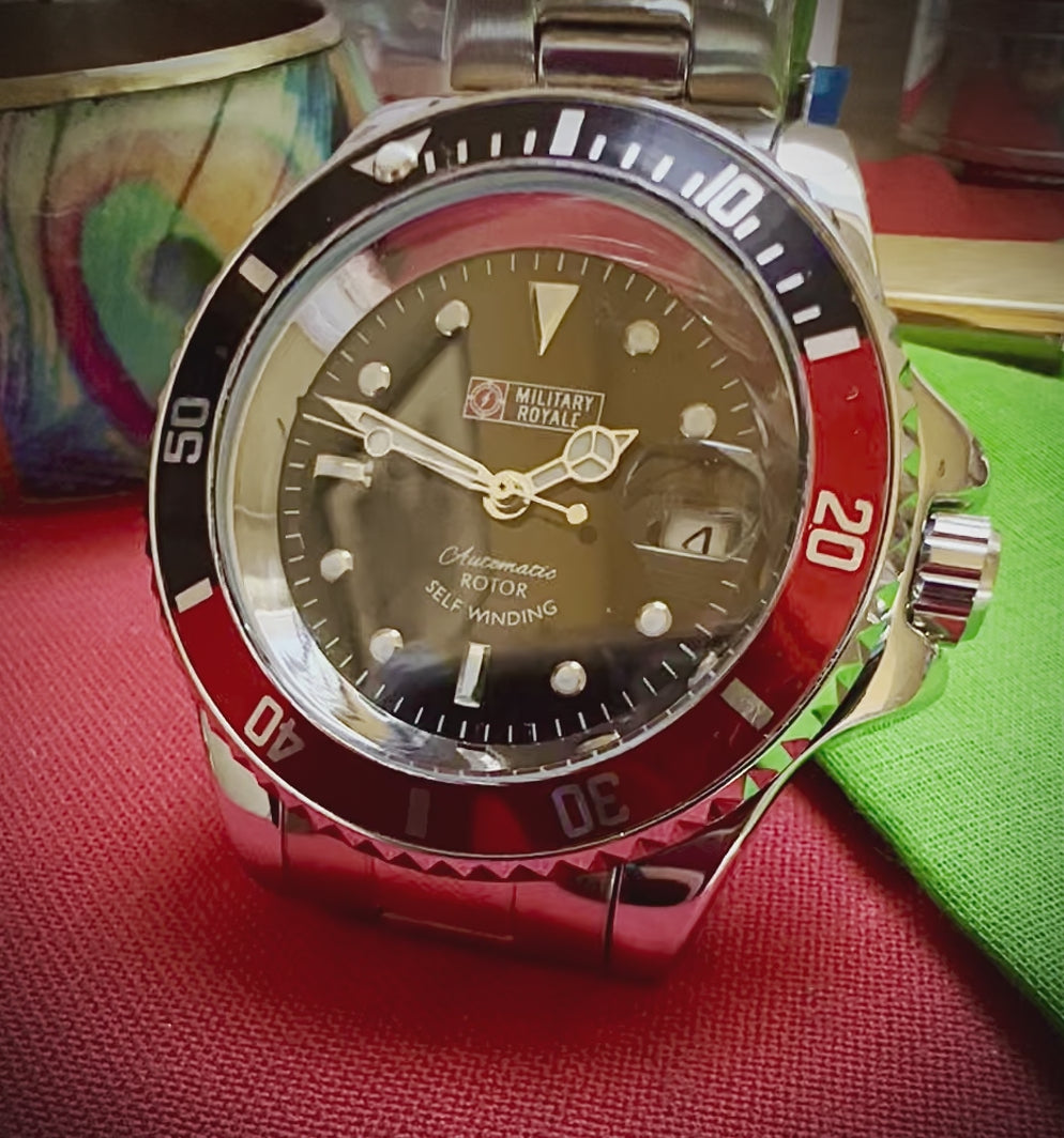 #592 Military Army Mens Watch Mechanical Bezel Red Black Stainless Steel Wrist Strap