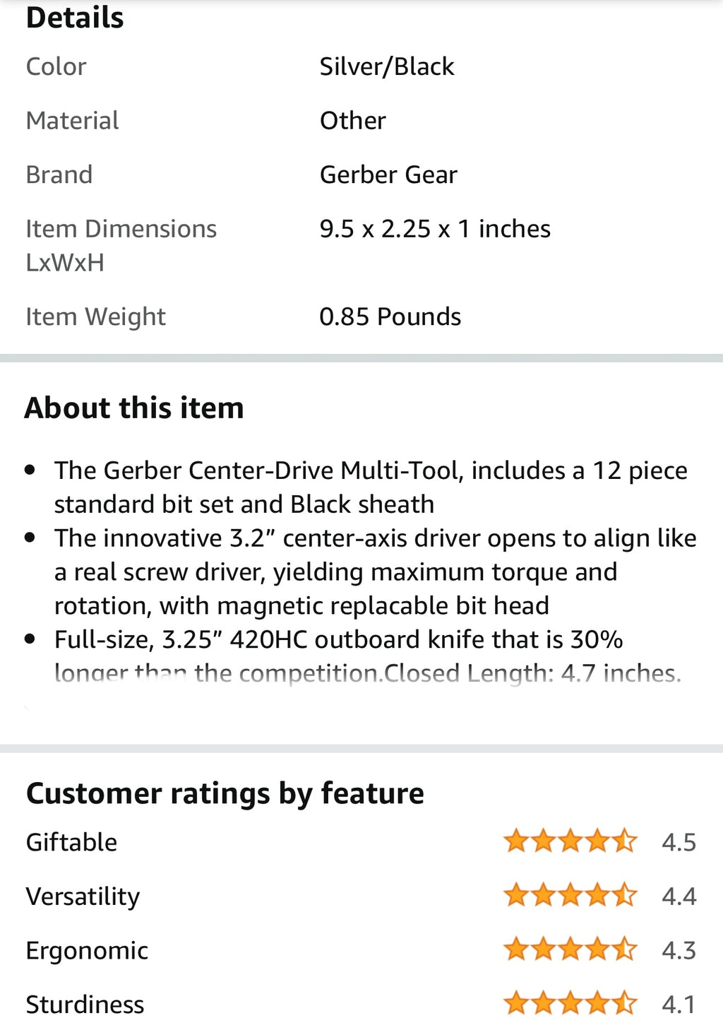 Gerber Gear 30-001194N Center-Drive Multitool with Bit Set, and Sheath, Silver/Black,Standard Bit Set