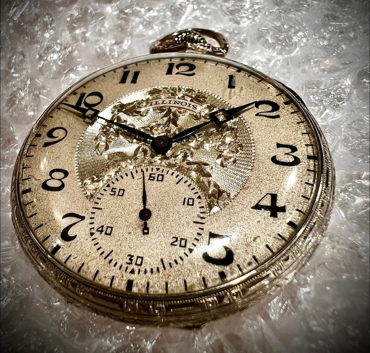 #378 VINTAGE ILLINOIS 14K GOLD FILLED FANCY DIAL   SIZE 12 POCKET WATCH 1900S