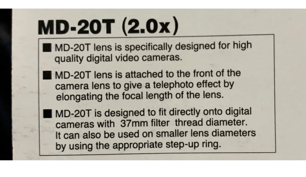 Kenko Digital Lens TELE 2.0X Converter MD-20T 37mm Video