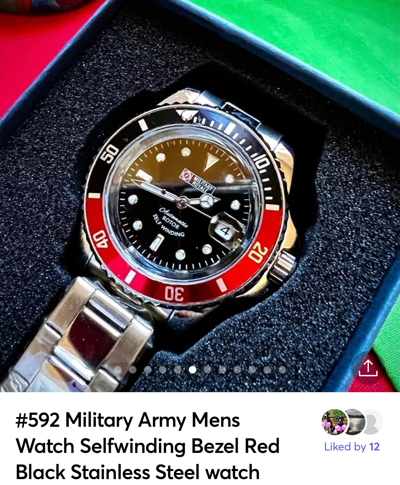 #592 Military Army Mens Watch Mechanical Bezel Red Black Stainless Steel Wrist Strap