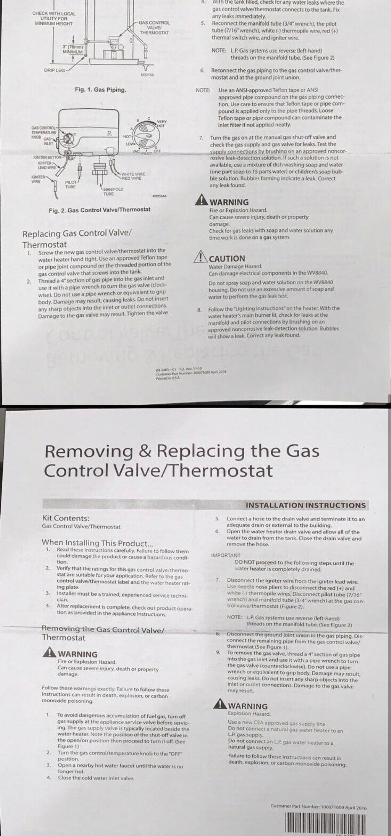 HONEYWELL RESIDUAL PROPANE water Heater Valve Short 2 1/4”