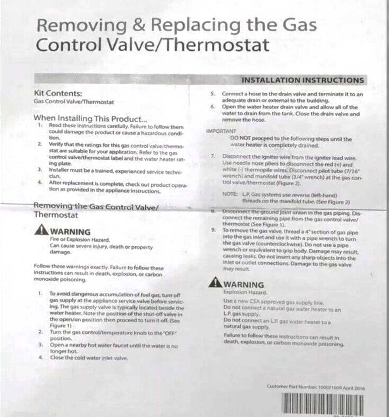 Water Heater Propane Gas Control Valve, Propane, LP, WV8840B50698840A1001