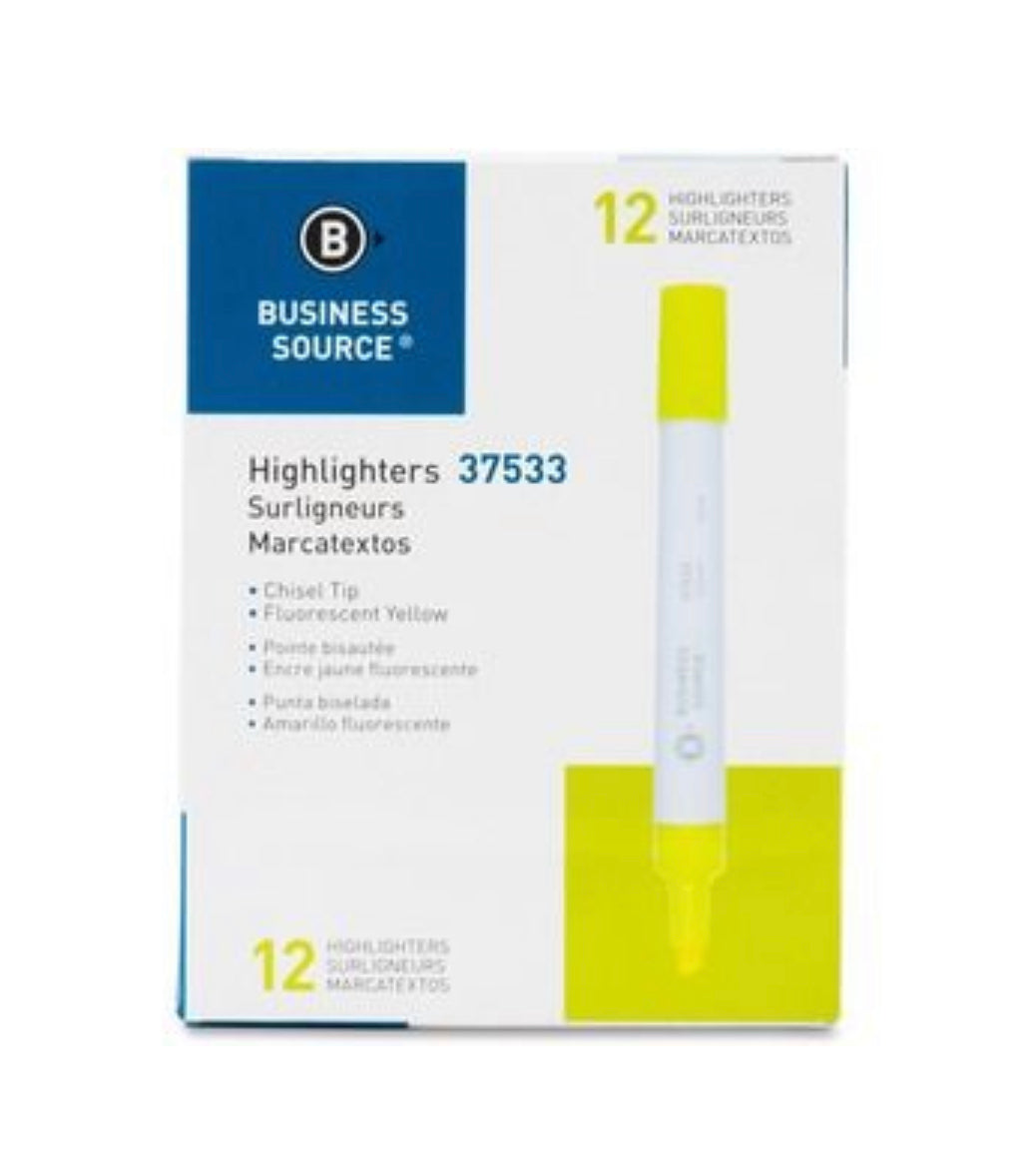 Business Source Yellow Highlighter - 12 Pack