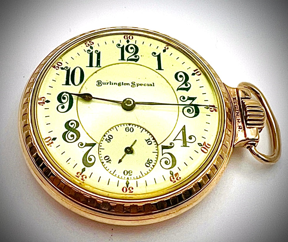 #603 Antique rare 1908 Burlington Special 12k Gold Filled 19J Size 16S pocket watch