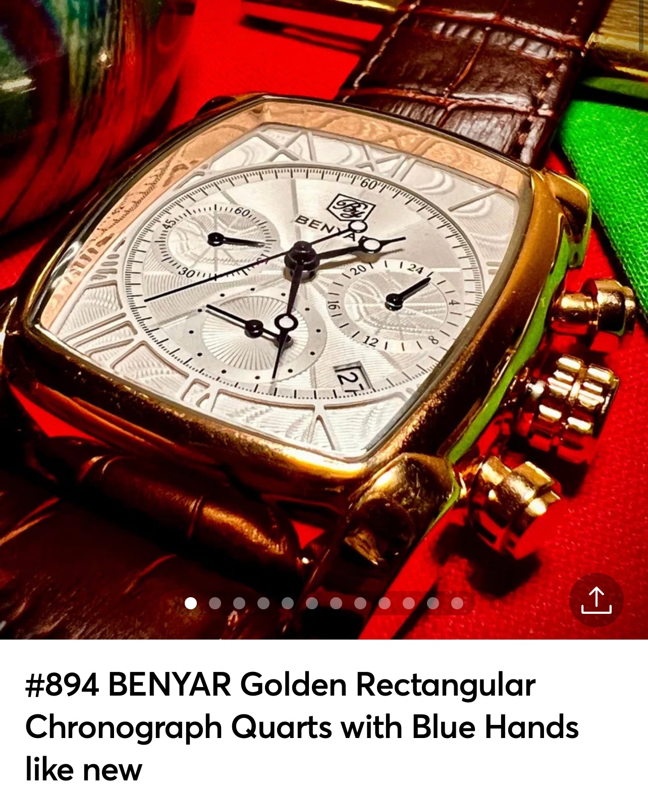 #894 BENYAR Golden Rectangular Chronograph Quarts with Blue Hands like new