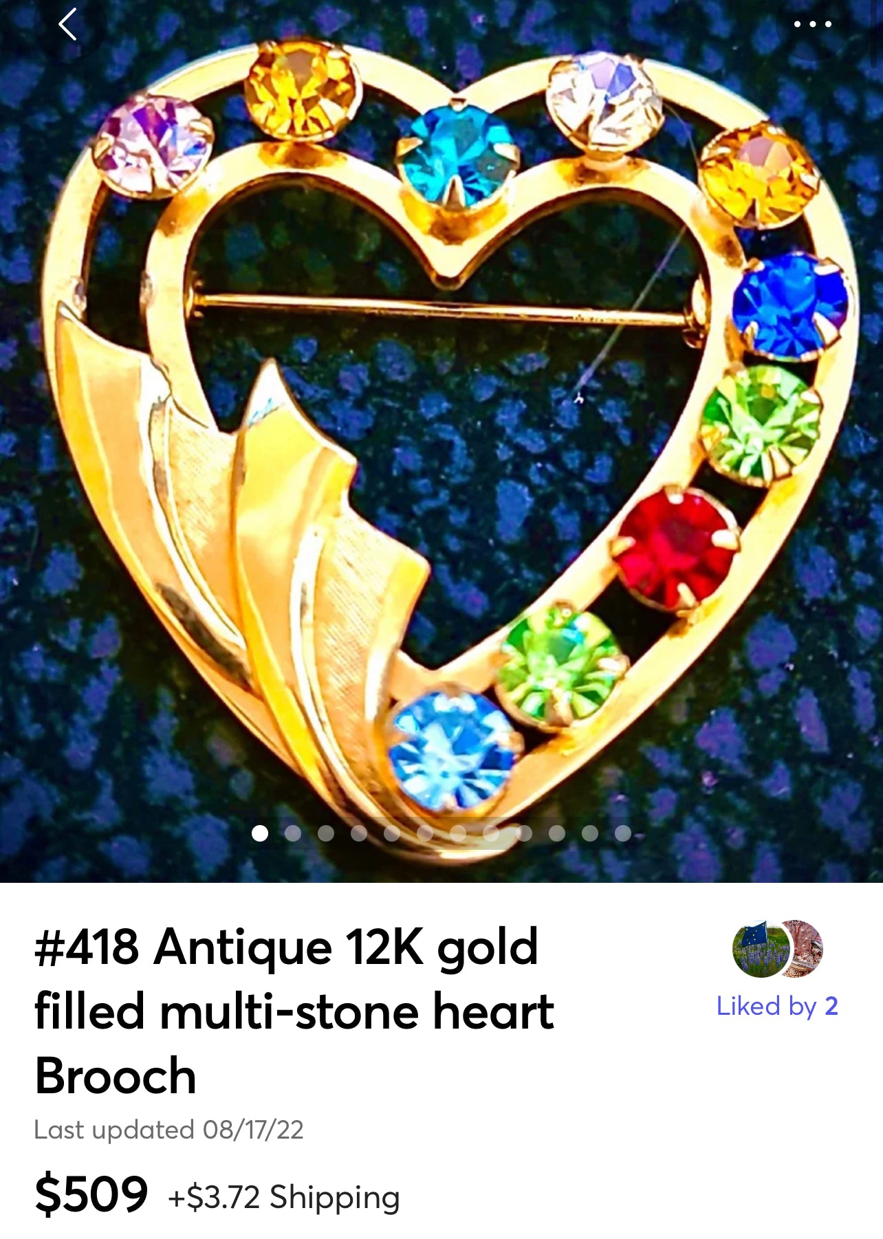 #418 Antique 12K gold filled multi-stone heart Brooch