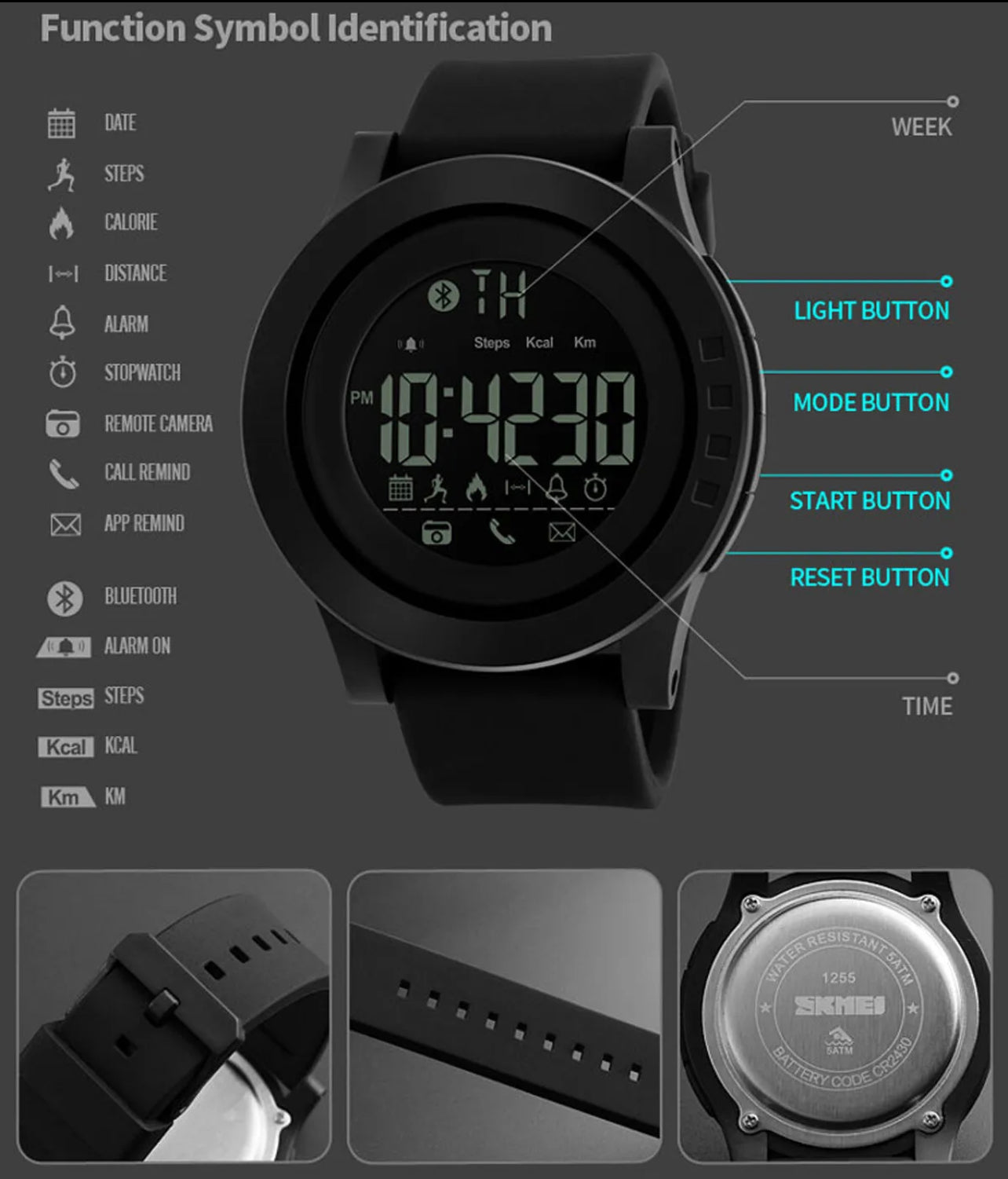 #840 SKMEI Mens Smart Digital Bluetooth Pedometer Calorie Distance Waterproof Watch Head only for repairs