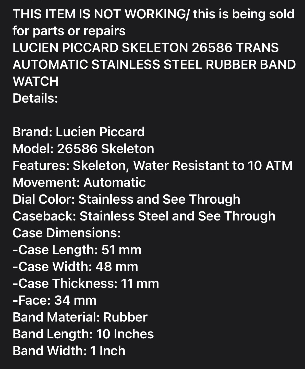 #785 LUCIEN PICCARD SKELETON 26586 TRANS AUTOMATIC WATCH (FOR PARTS OR REPAIRS)