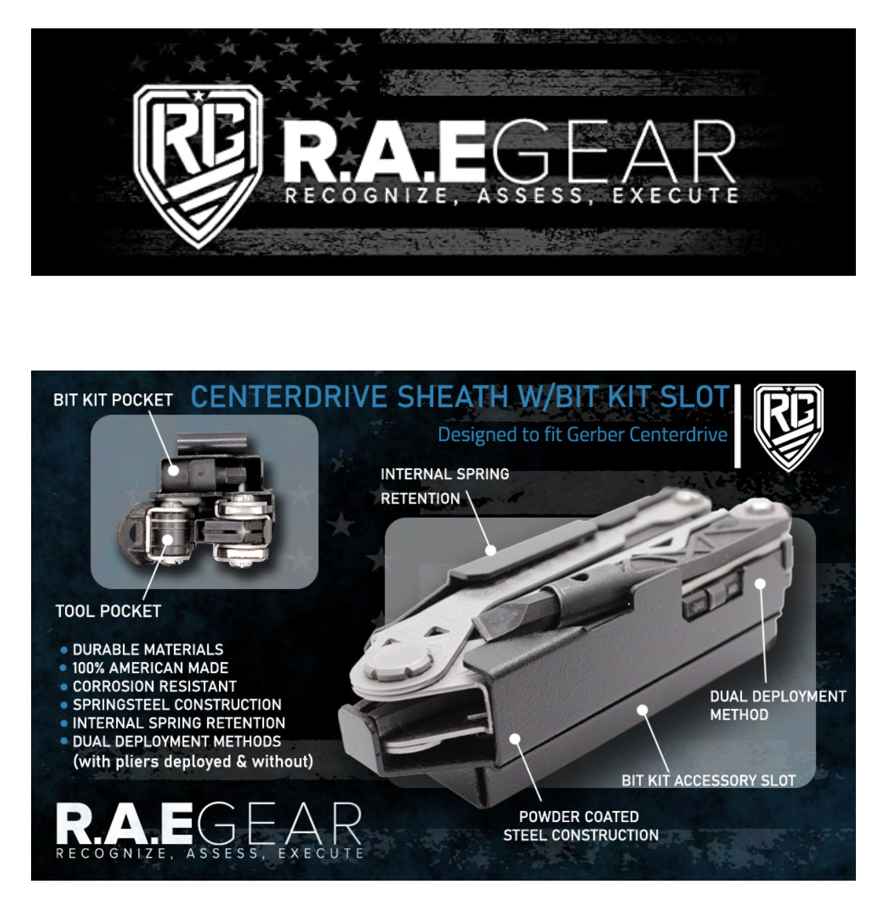 RAE Gear - Center-Drive Sheath Belt Clip Holster Compatible with Gerber Centerdrive Multitool (Tool & BITS NOT Included) (2.25" Belt Clip with BIT KIT Attachment)