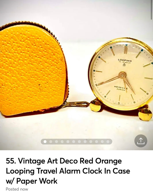 55. Vintage Art Deco Red Orange Looping Travel Alarm Clock In Case w/ Paper Working