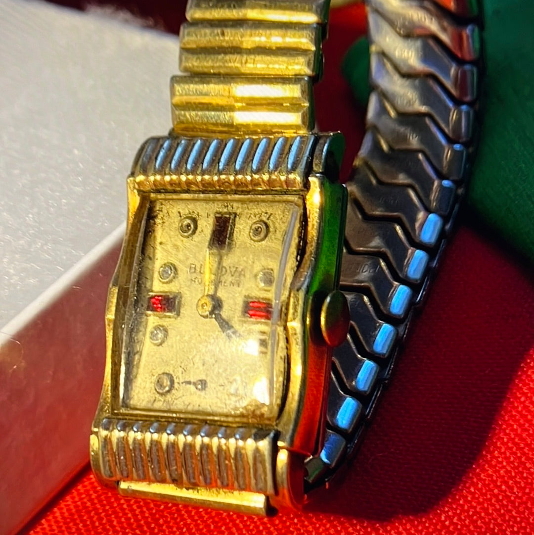 #12 Antiques Bulova 21 jewls 10 K GOLD Filled Diamonds and RUBIES watch