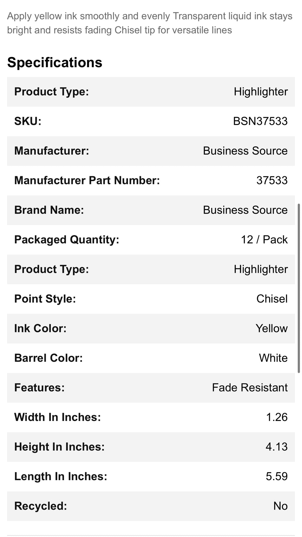 Business Source Yellow Highlighter - 12 Pack