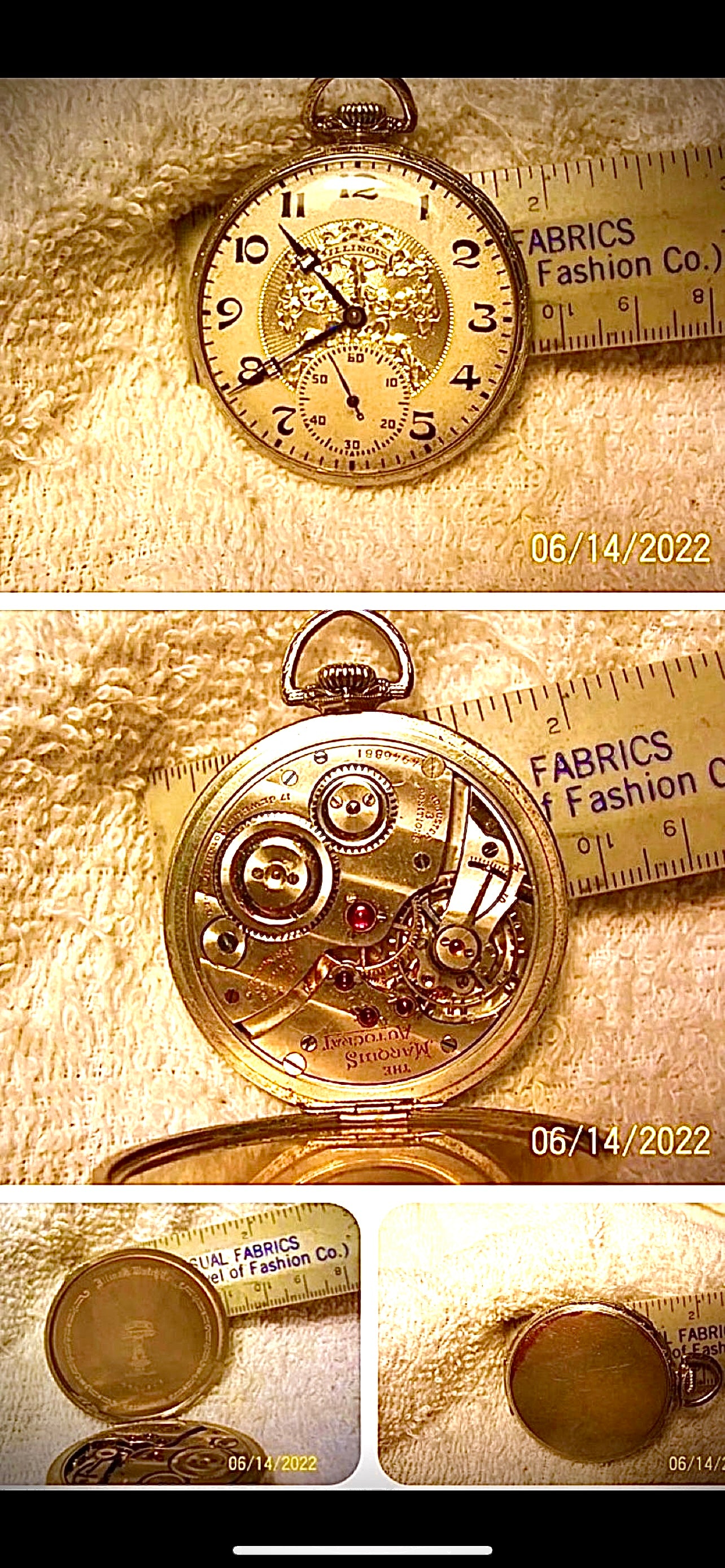 #378 VINTAGE ILLINOIS 14K GOLD FILLED FANCY DIAL   SIZE 12 POCKET WATCH 1900S