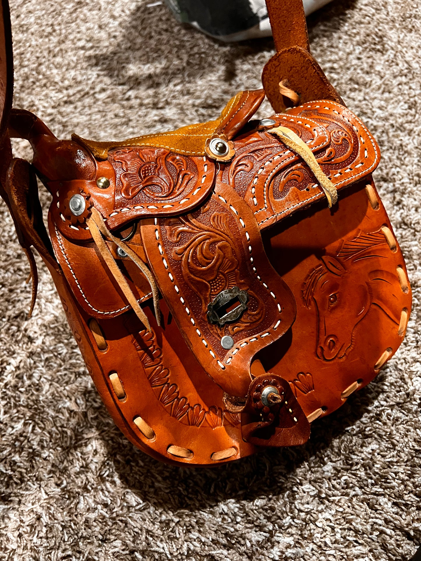 Unique Brown Leather Stamped Novelty Western Cowgirl Cowboy Saddle Purse