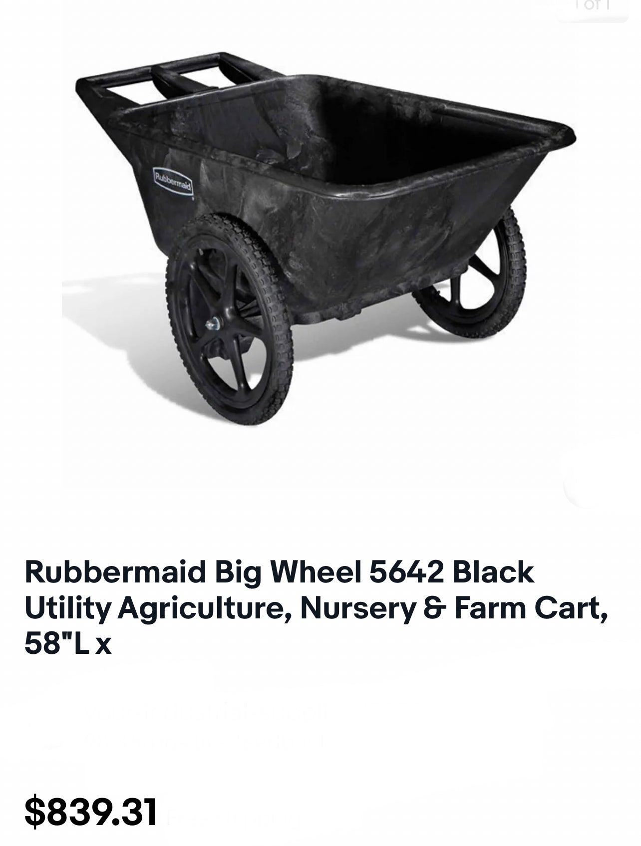 Rubbermaid Big Wheel 5642 Black Utility Agriculture, Nursery & Farm Cart, 58"L x