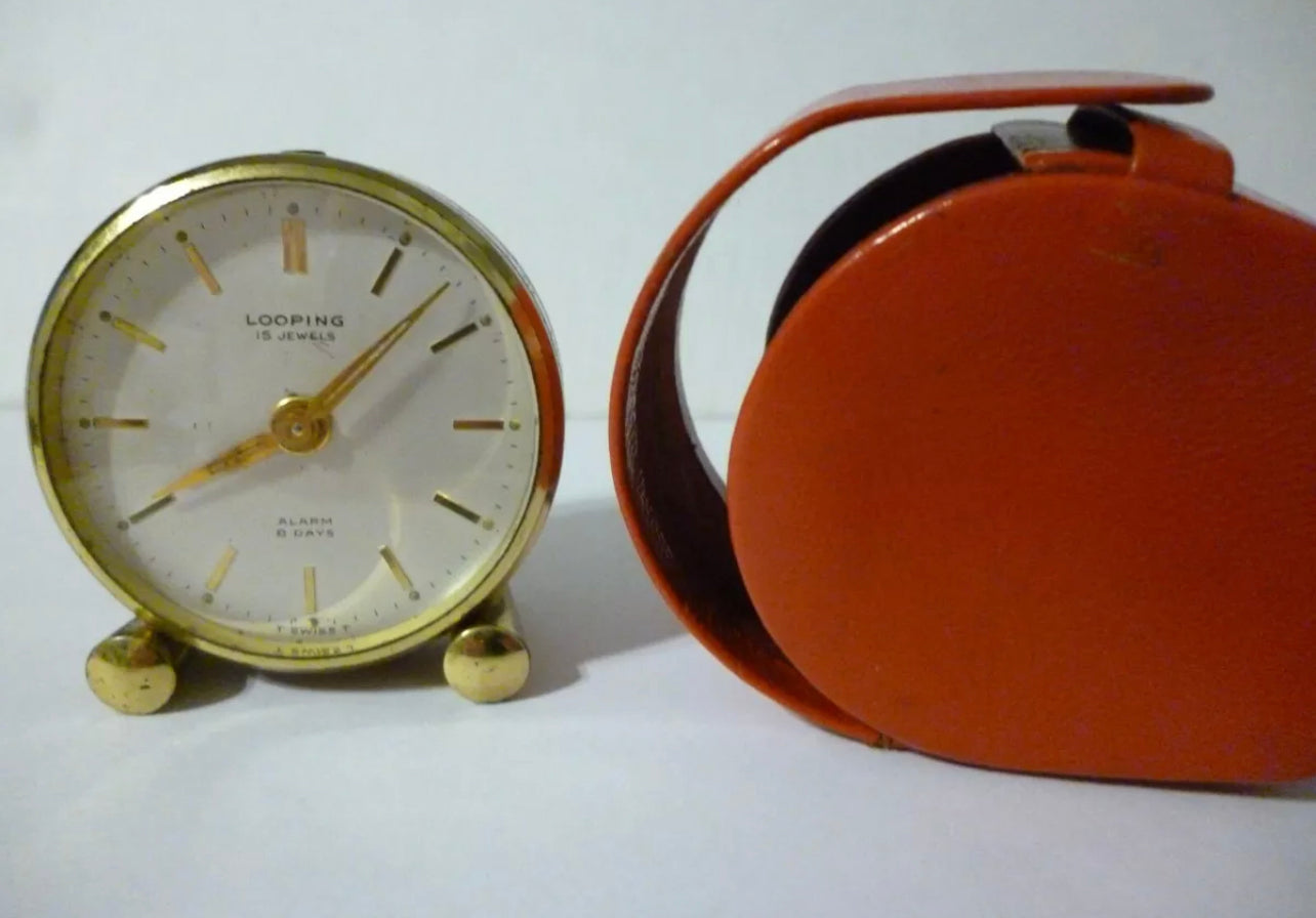 12. Looping 8 DAYS 15 Jewels Travel Alarm Clock With Case As Is To restore Swiss