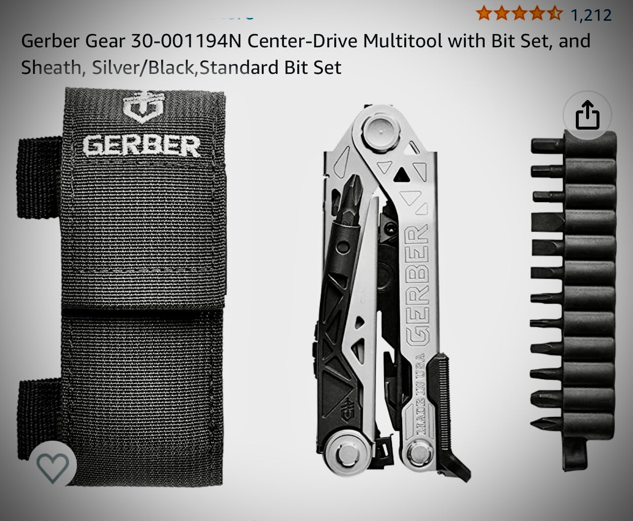 Gerber Gear 30-001194N Center-Drive Multitool with Bit Set, and Sheath, Silver/Black,Standard Bit Set