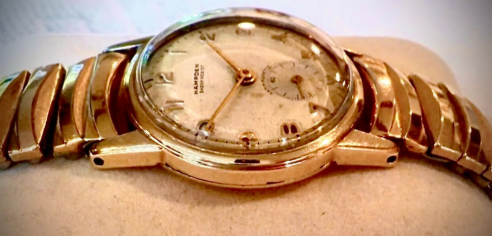 #574 Vintage Hampden 10k Gold Filled Mens Wristwatch Watch Swiss Sub Dial Runs 29mm