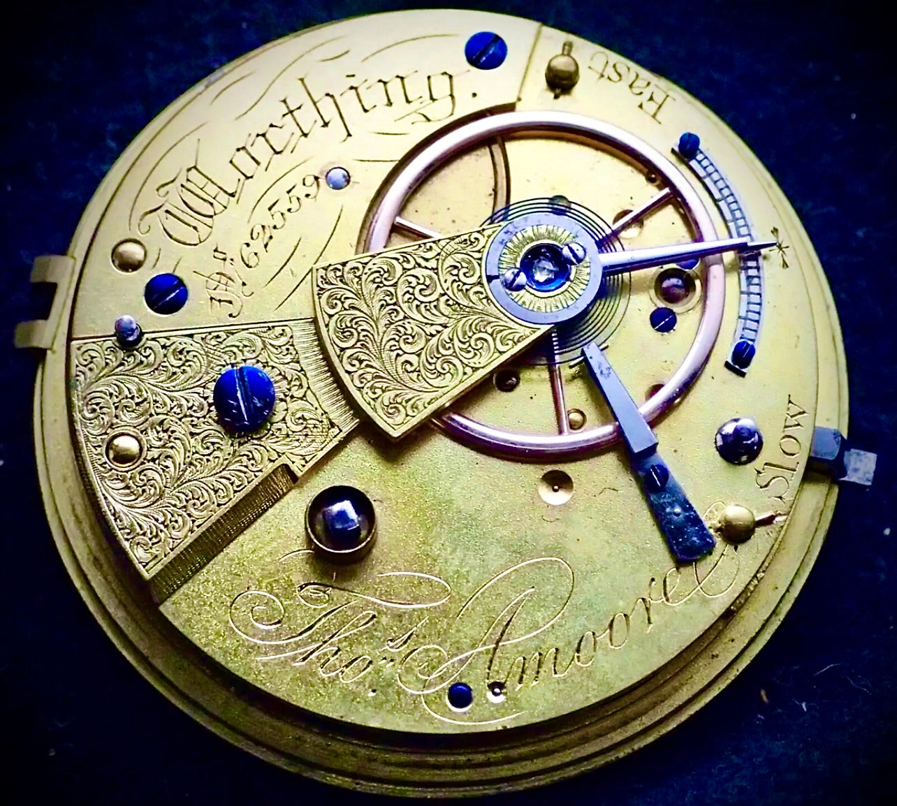 #806M Thomas Amoore Worthing Fusee lever pocket watch movement chain on good balance wheel