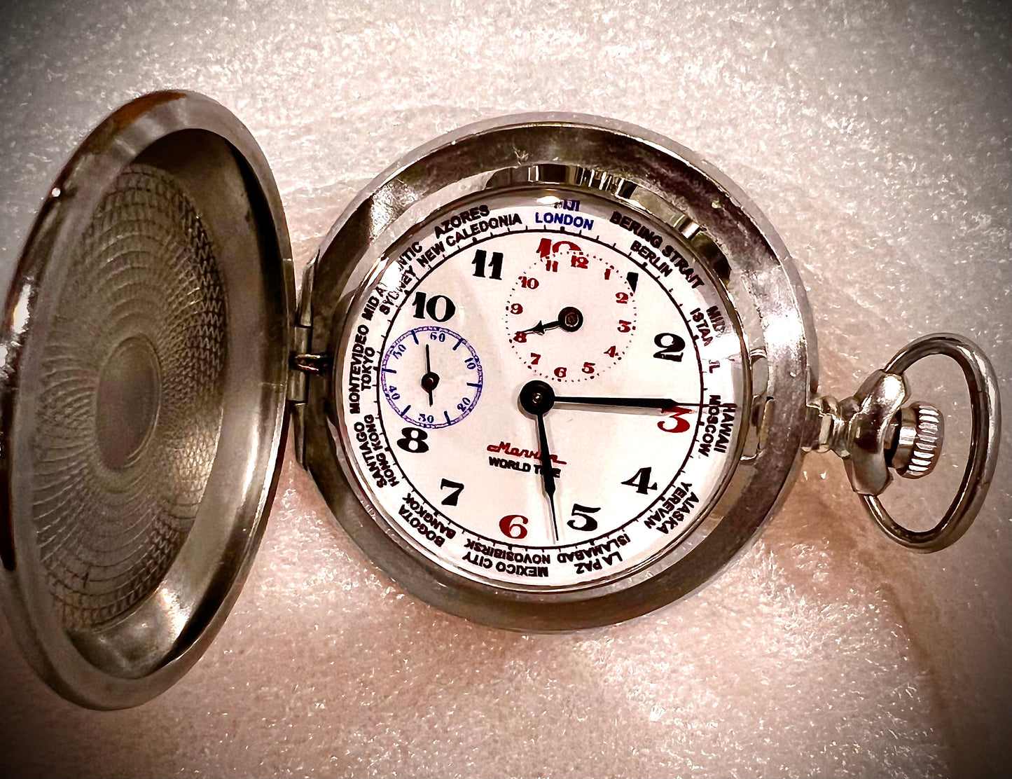 #744 Rare MOLNIJA MOLNIA WORLD TIME Hunter case Mens pocket watch, 18 Jew. *SERVICED