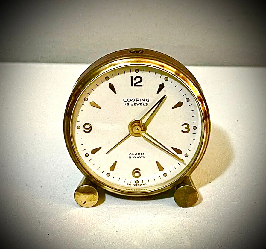 58. Vintage Looping 15 Jewels 8 Day Alarm Clock, Made In Switzerland