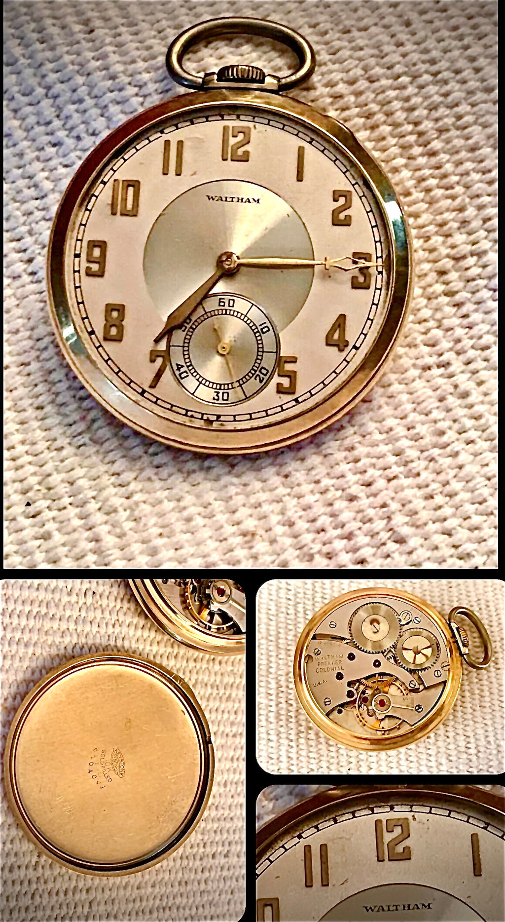 #812 Waltham Premier Colonial 10K GF 17J 12 Size Pocket Watch Fully Working 1940