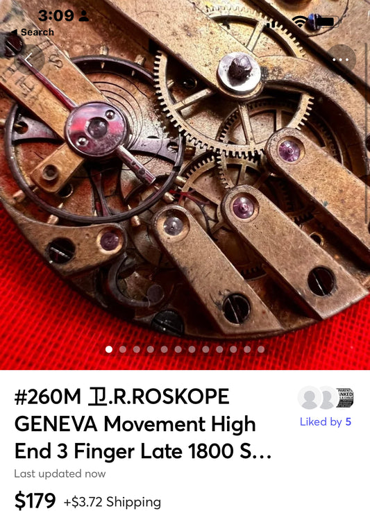 #260M 卫.R.ROSKOPE GENEVA Movement High End 3 Finger Bridge Late 1800 Swiss Pocket Watch