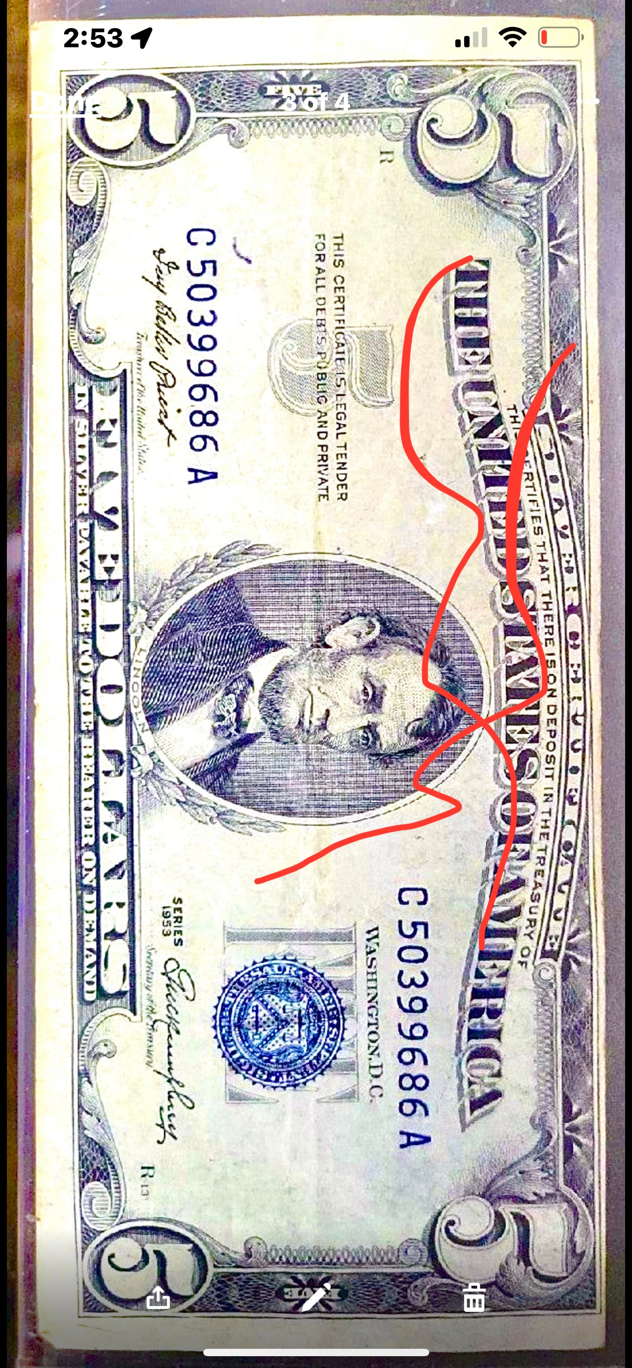 69 years OLD Series 1953 $5 Bill Silver Note