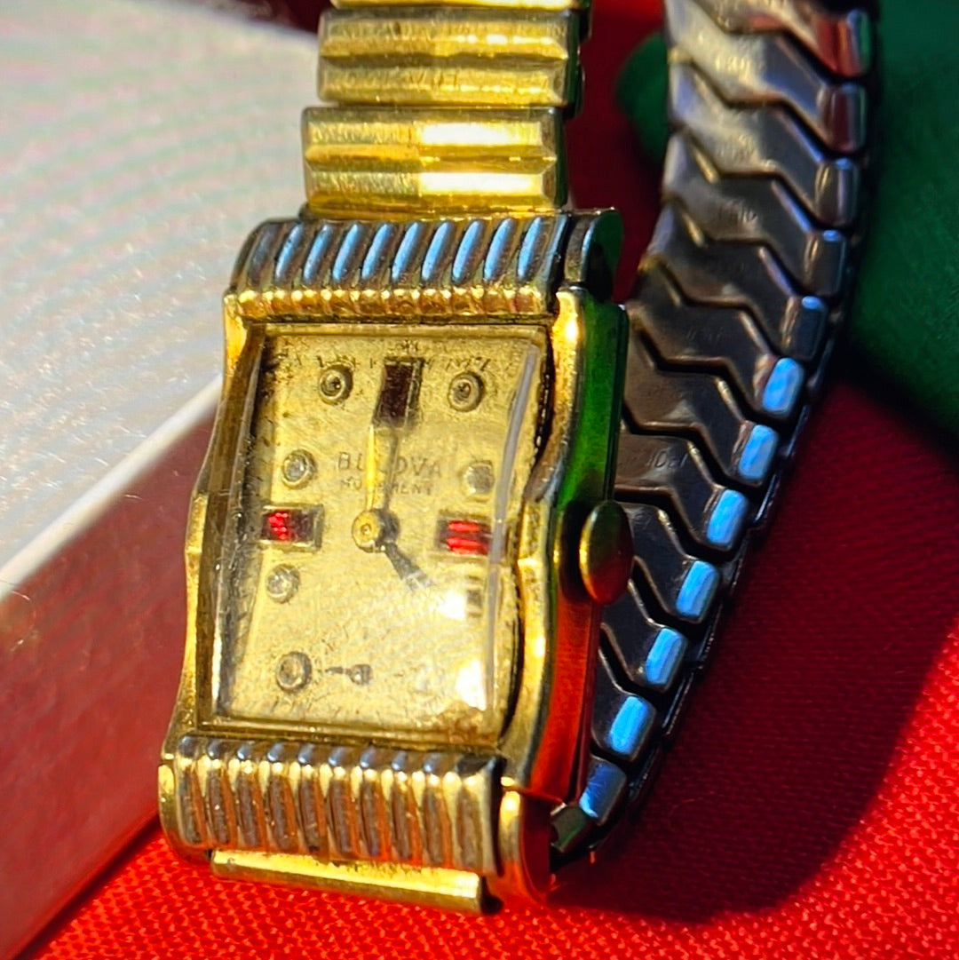 #12 Antiques Bulova 21 jewls 10 K GOLD Filled Diamonds and RUBIES watch