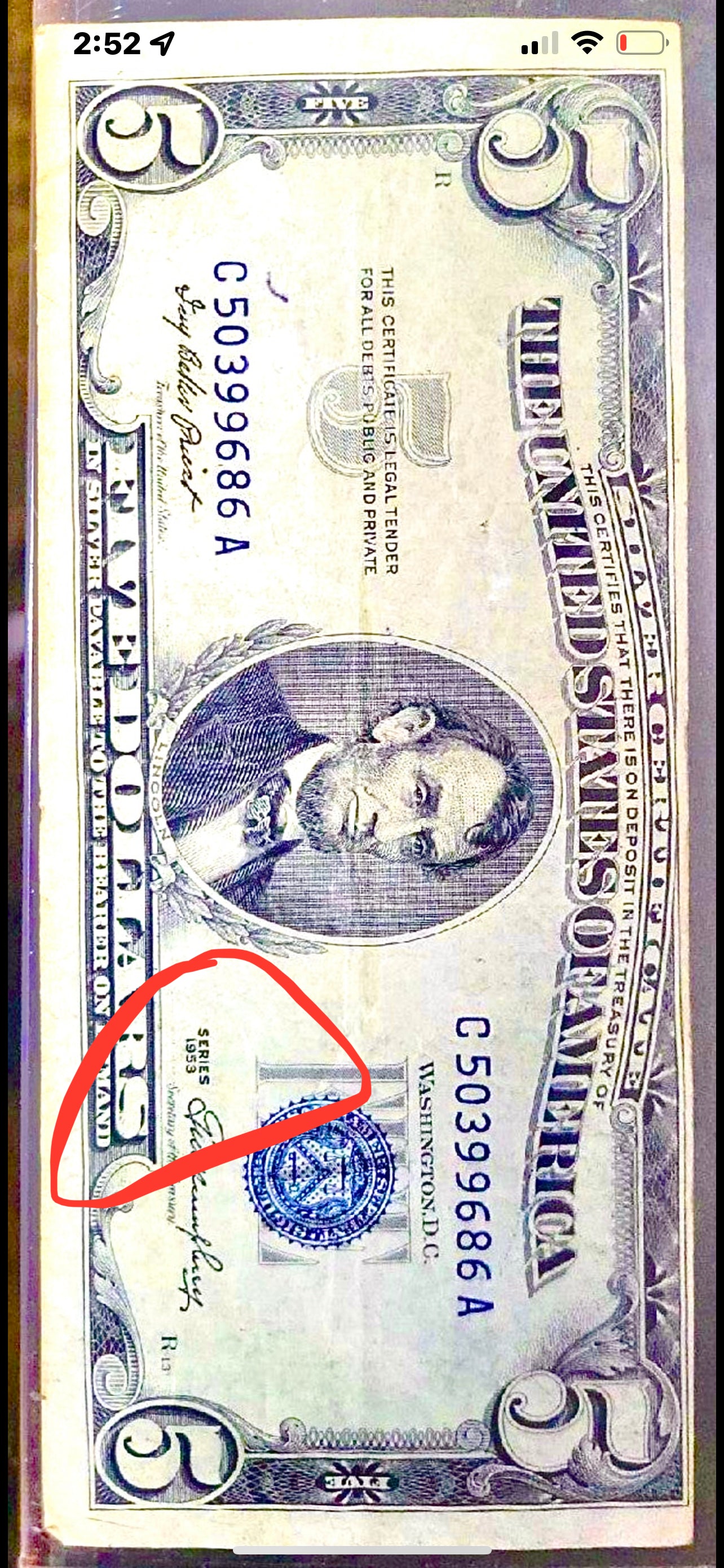 69 years OLD Series 1953 $5 Bill Silver Note