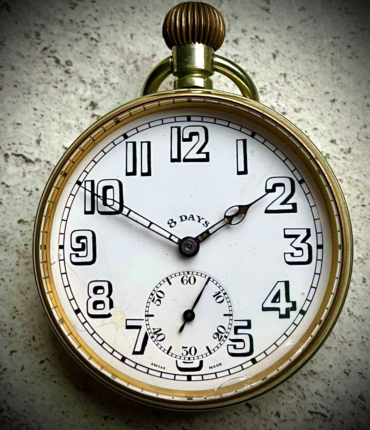 #49. ANTIQUE LARGE 8 DAY WHITE METAL POCKET WATCH 65 MM