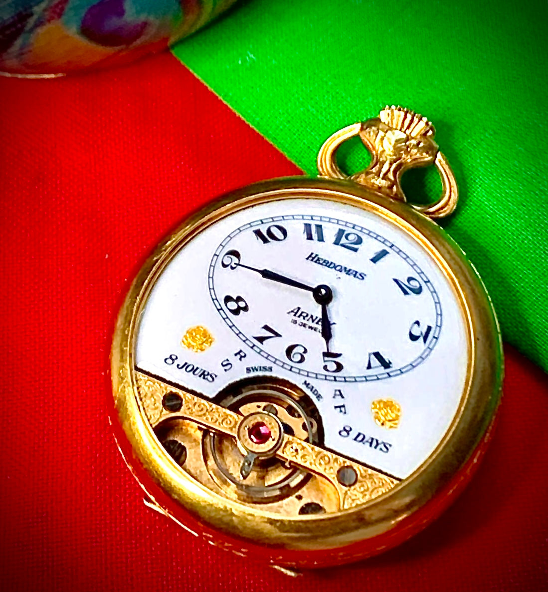 #65 Vintage 1920s Amazing Collector’s Visible Mechanism Arnex 8 Day 15 Jewel Pocket Watch