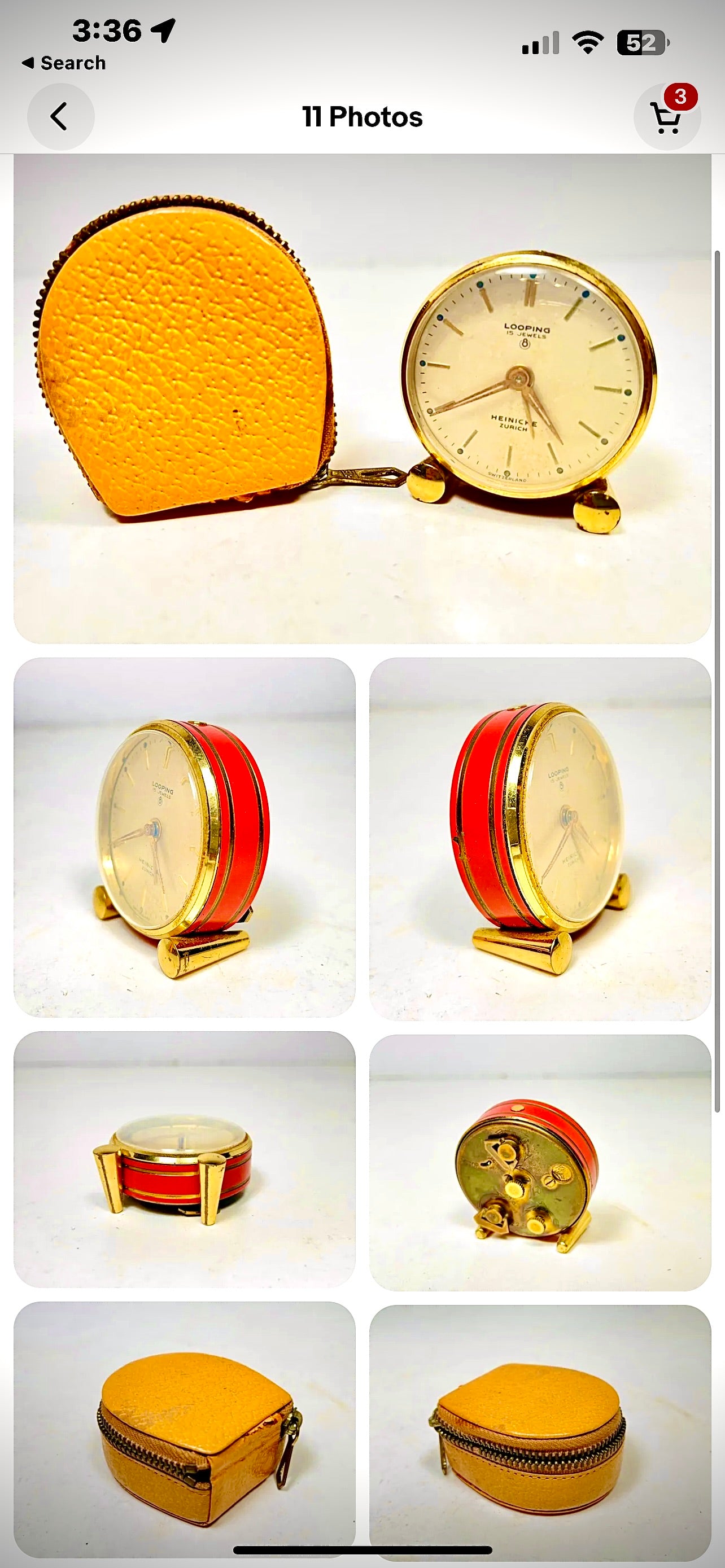 55. Vintage Art Deco Red Orange Looping Travel Alarm Clock In Case w/ Paper Working