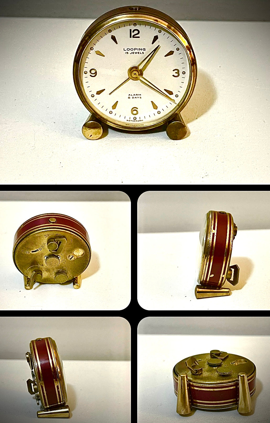 58. Vintage Looping 15 Jewels 8 Day Alarm Clock, Made In Switzerland