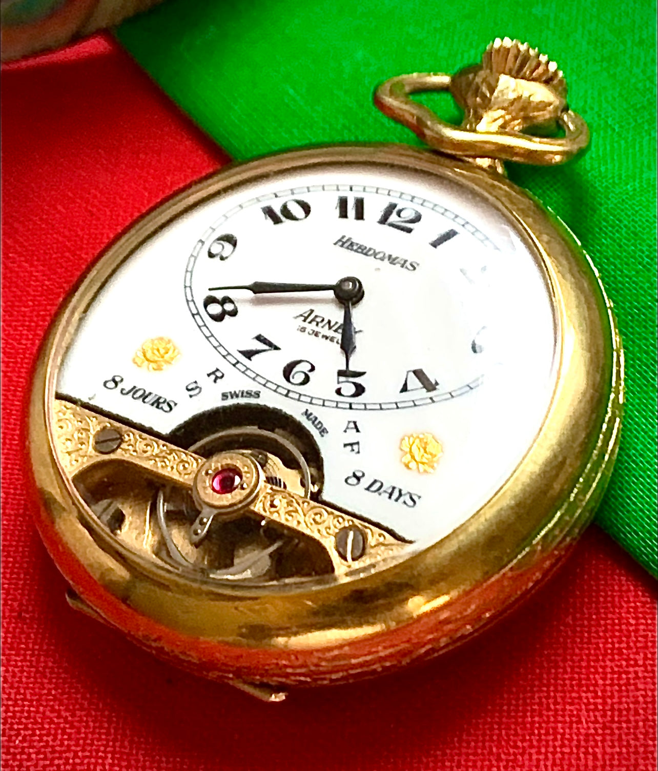 #65 Vintage 1920s Amazing Collector’s Visible Mechanism Arnex 8 Day 15 Jewel Pocket Watch