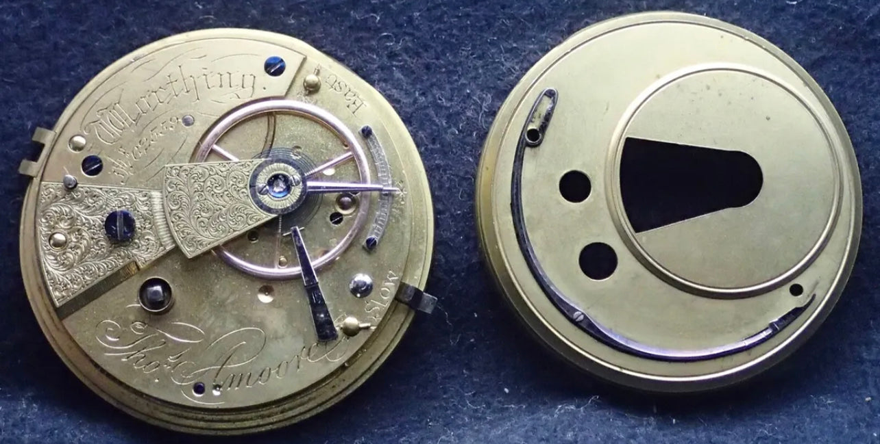 #806M Thomas Amoore Worthing Fusee lever pocket watch movement chain on good balance wheel