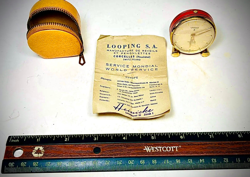 55. Vintage Art Deco Red Orange Looping Travel Alarm Clock In Case w/ Paper Working