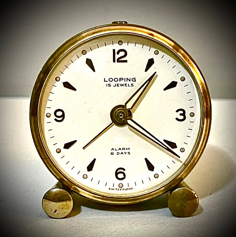 58. Vintage Looping 15 Jewels 8 Day Alarm Clock, Made In Switzerland