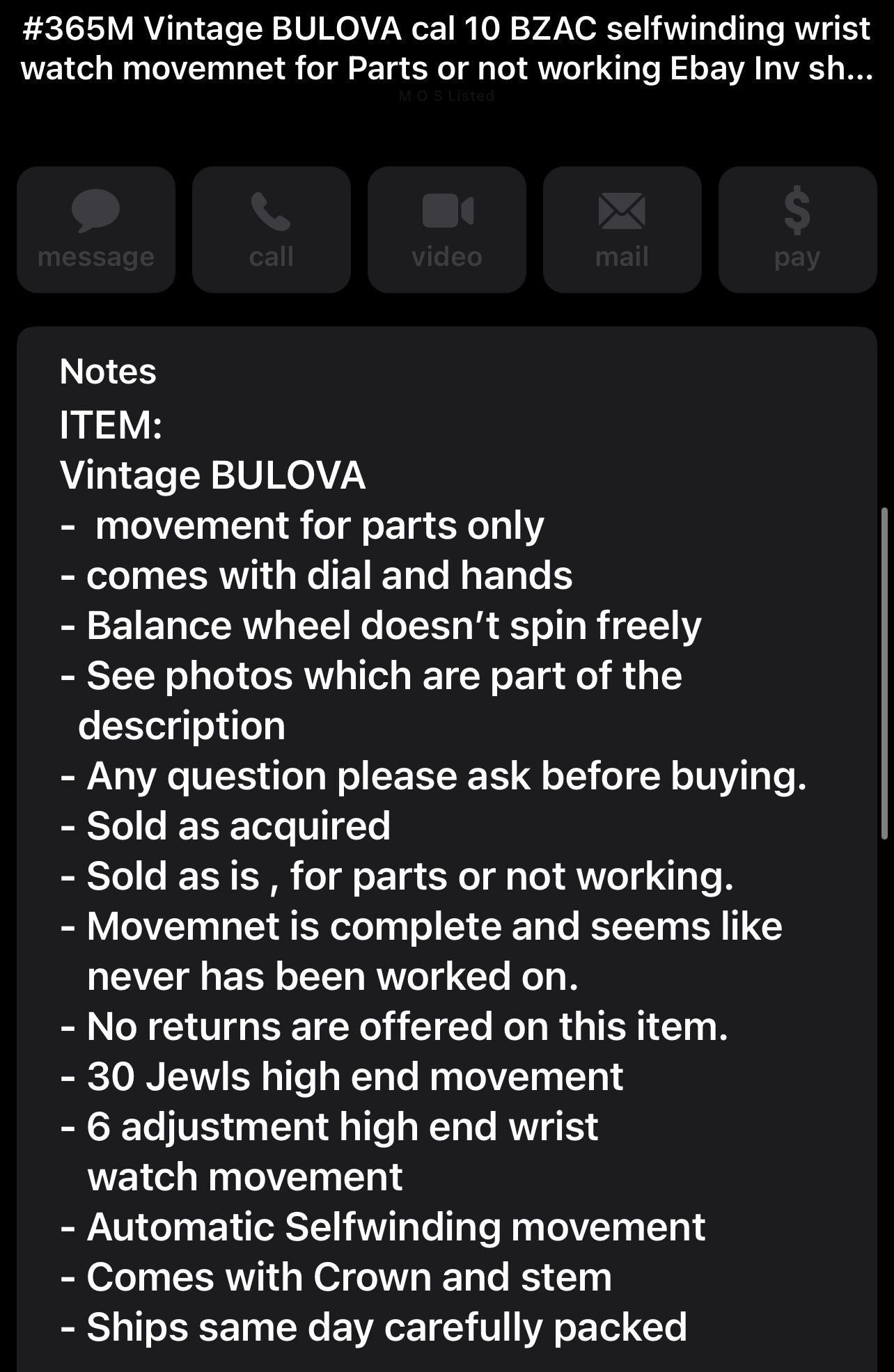 #365M Vintage BULOVA cal 10 BZAC selfwinding wrist watch movemnet for Parts or not working