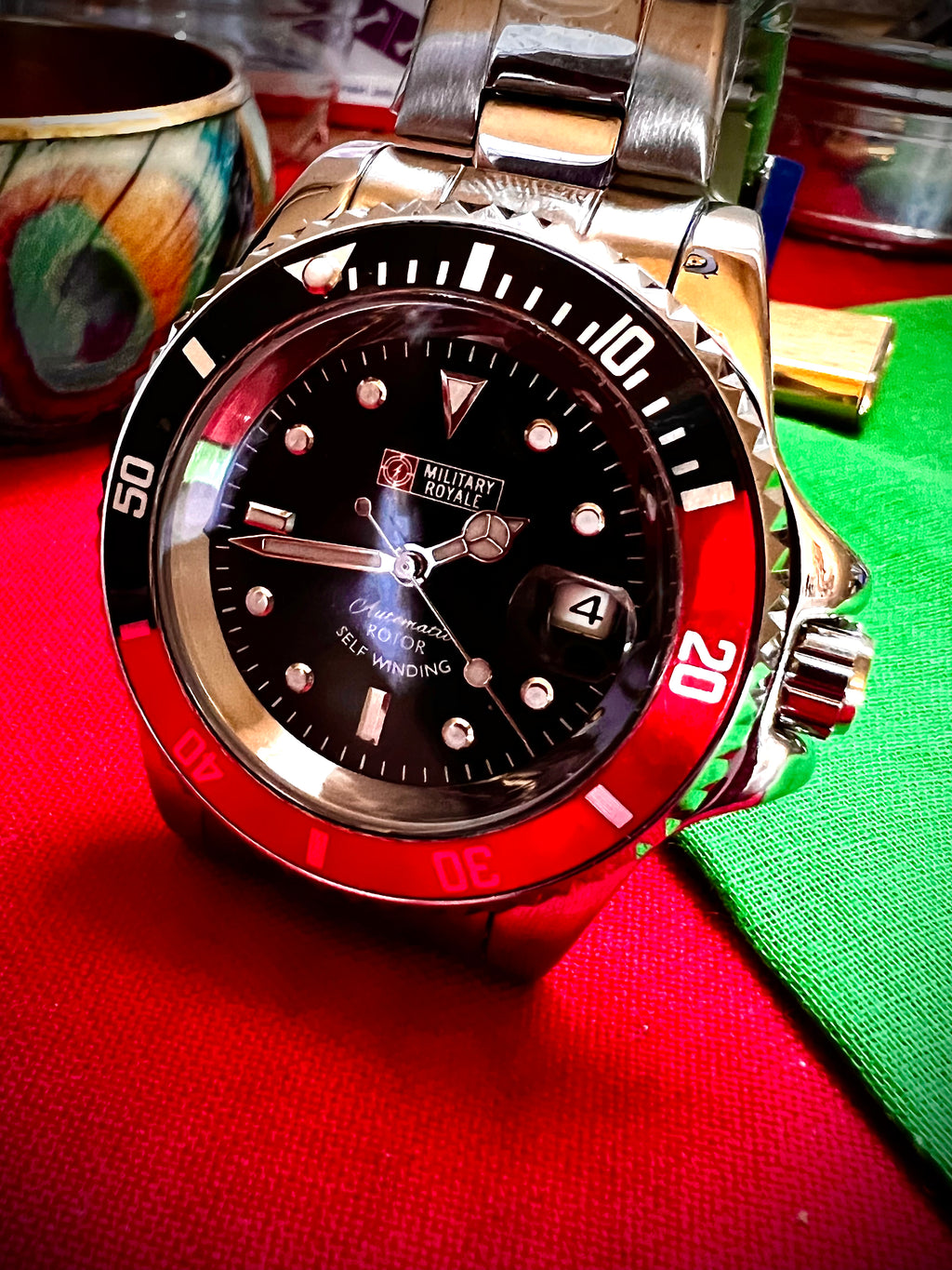 #592 Military Army Mens Watch Mechanical Bezel Red Black Stainless Steel Wrist Strap