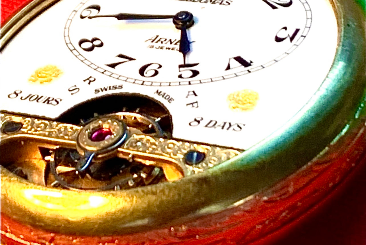 #65 Vintage 1920s Amazing Collector’s Visible Mechanism Arnex 8 Day 15 Jewel Pocket Watch