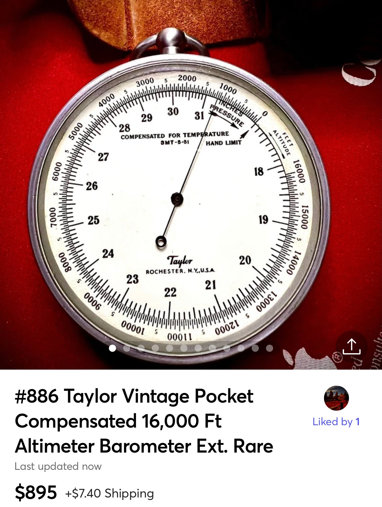 #886 Taylor Vintage Pocket Compensated 16,000 Ft Altimeter Barometer Extreemly Rare