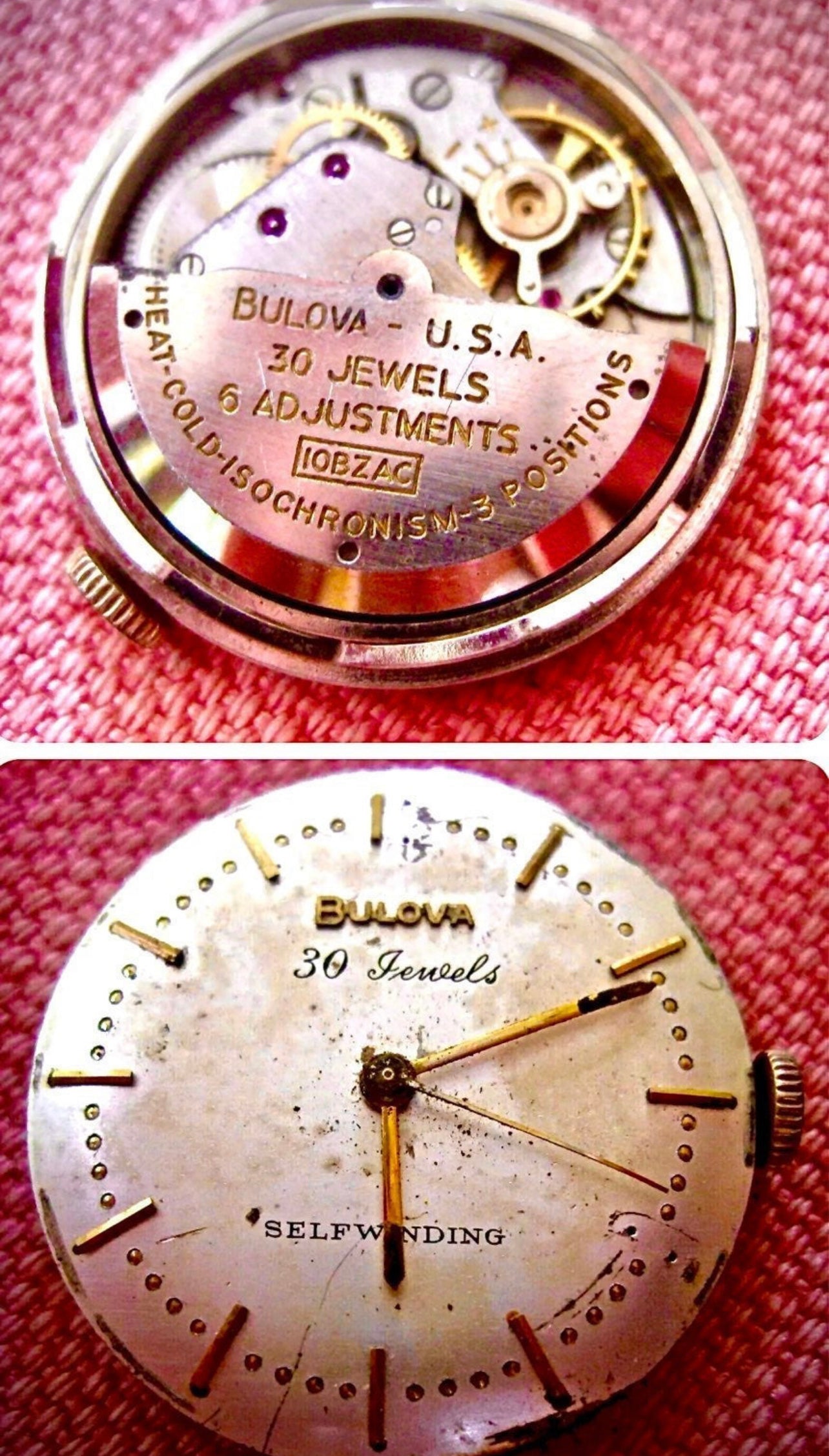 #365M Vintage BULOVA cal 10 BZAC selfwinding wrist watch movemnet for Parts or not working