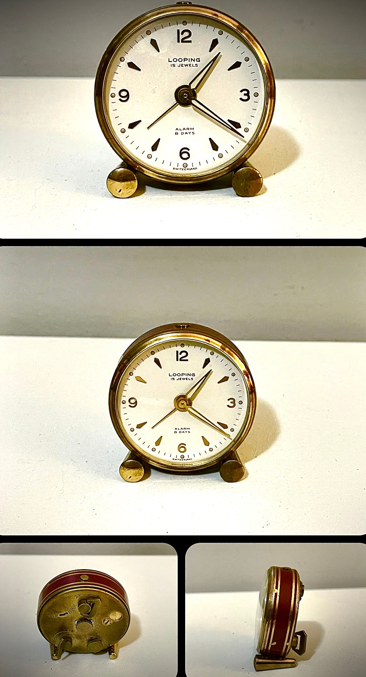 58. Vintage Looping 15 Jewels 8 Day Alarm Clock, Made In Switzerland