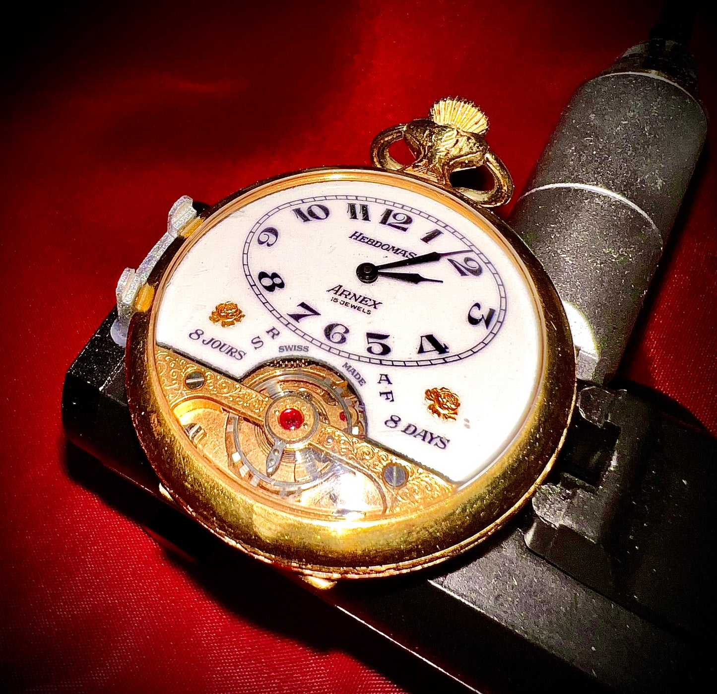 #65 Vintage 1920s Amazing Collector’s Visible Mechanism Arnex 8 Day 15 Jewel Pocket Watch