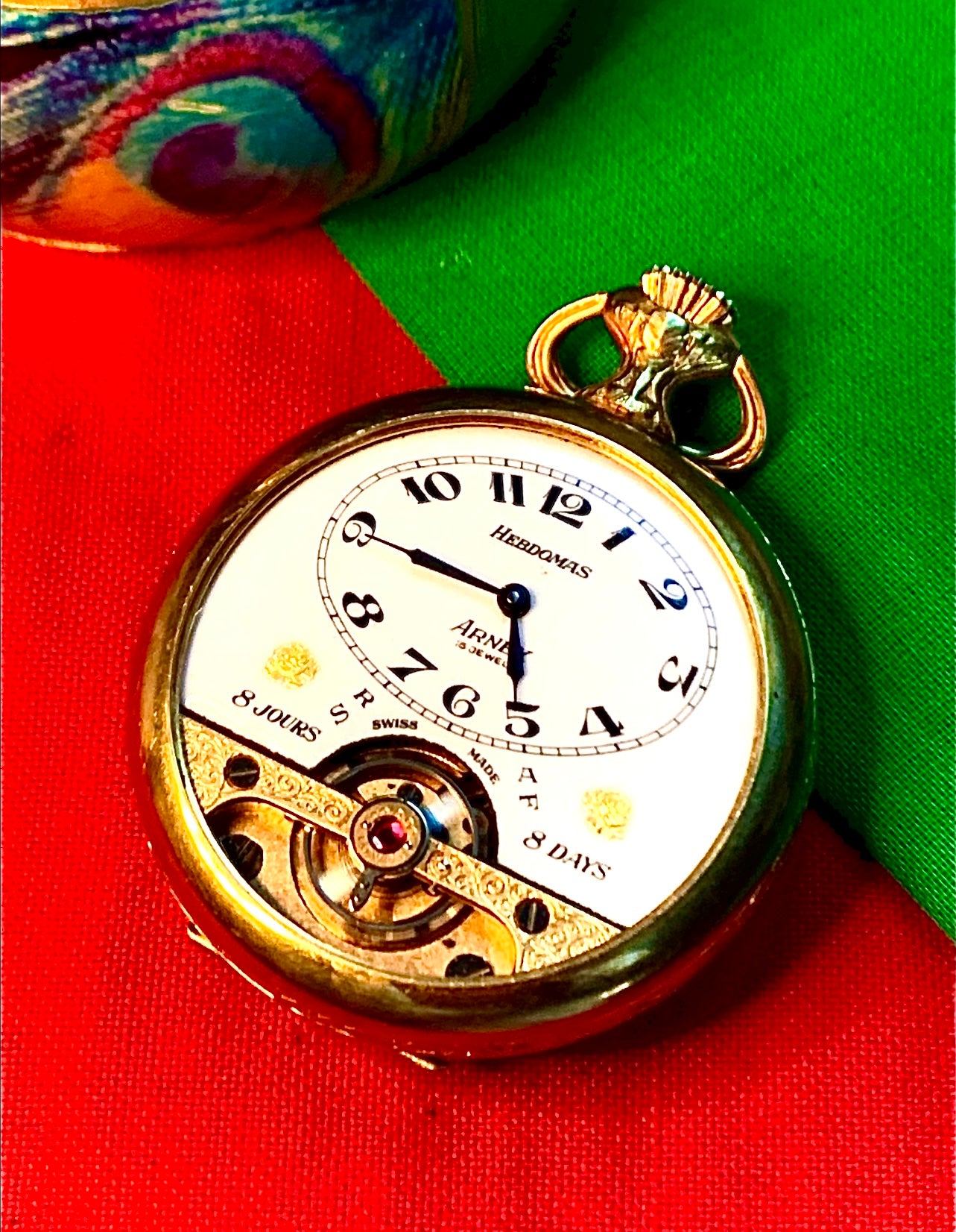 #65 Vintage 1920s Amazing Collector’s Visible Mechanism Arnex 8 Day 15 Jewel Pocket Watch