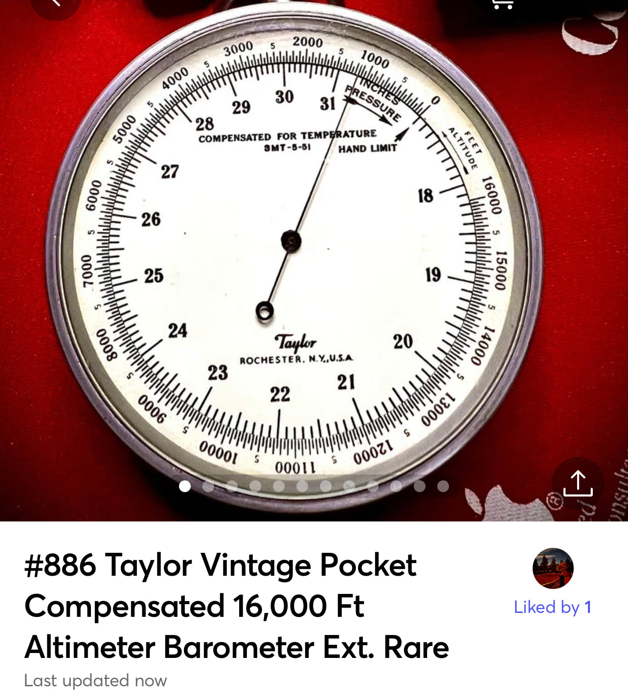 #886 Taylor Vintage Pocket Compensated 16,000 Ft Altimeter Barometer Extreemly Rare